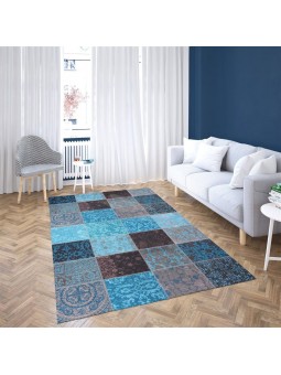 Kaymaz Taban Halı yıkanabilir Şönil Patchwork Mavi tonlarda