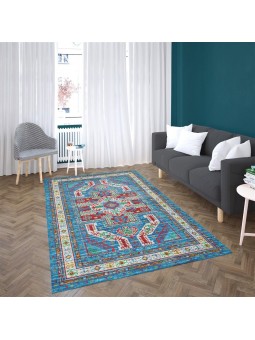 Kaymaz Taban Halı yıkanabilir eskitme Kilim desenli Şönil Mavi