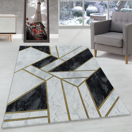 Modern Geometrik Mermer desenli Halı Gold Altın Siyah Beyaz