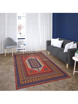 Kaymaz Taban Halı yıkanabilir eskitme Kilim desenli Kırmızı Lacivert Şönil Halı 