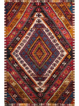 Kaymaz Taban Halı yıkanabilir eskitme Kilim desenli Kırmızı Bej Şönil Halı 