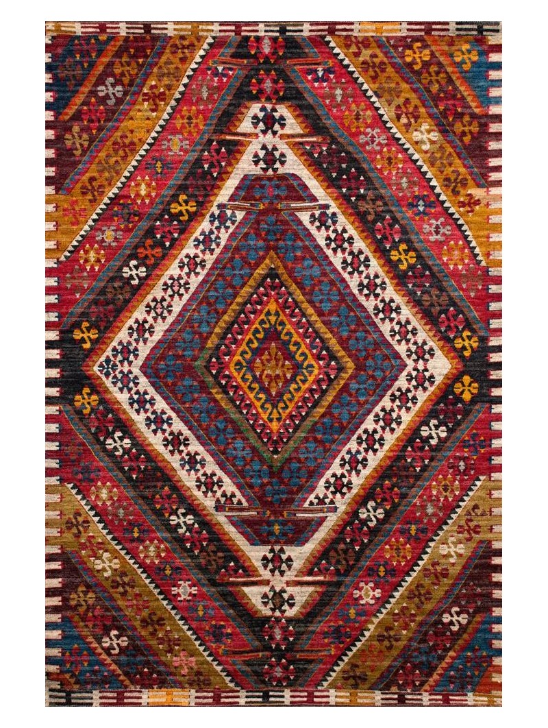 Kaymaz Taban Halı yıkanabilir eskitme Kilim desenli Kırmızı Bej Şönil Halı 