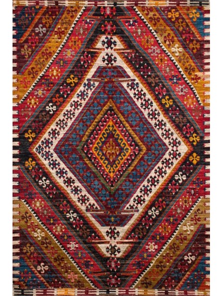 Kaymaz Taban Halı yıkanabilir eskitme Kilim desenli Kırmızı Bej Şönil Halı 