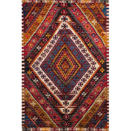 Kaymaz Taban Halı yıkanabilir eskitme Kilim desenli Kırmızı Bej Şönil Halı 