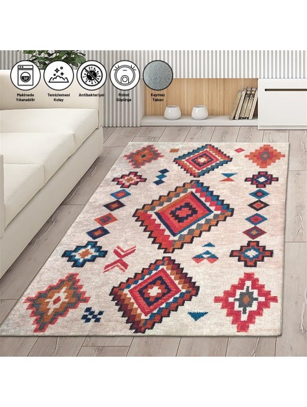  İskandinav otantik kilim desenli Krem Renkli Modern Halı Kaymaz Taban Makinada Yıkanabilir